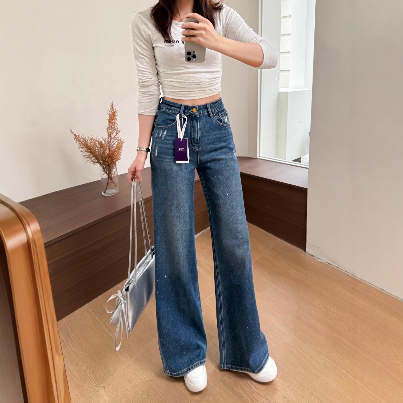 Trendy Rhinestone Narrow Straight-Leg Jeans for Women, Vintage Ripped Loose Slimming High-Waisted Wide-Leg Pants