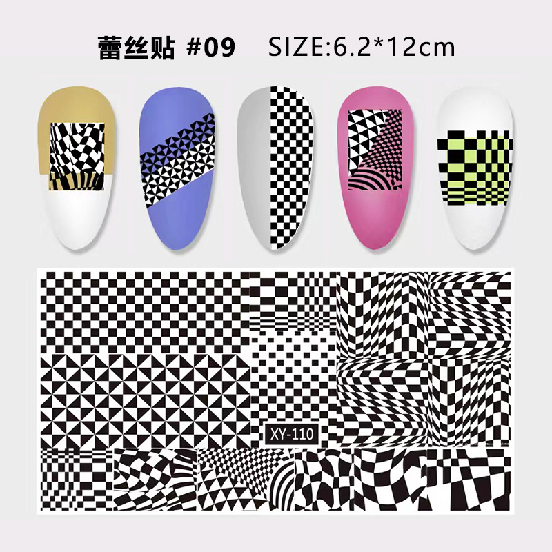 Nuevo tipo transfronterizo de manicuría japonesa pegatinas de encaje en el viento de manicuría pegatinas de uñas pegatinas de encaje duro negro y blanco