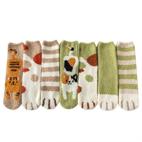 New autumn and winter green coral velvet mid-calf socks cartoon cat claw socks plus velvet thickened women's socks sleep socks wool socks