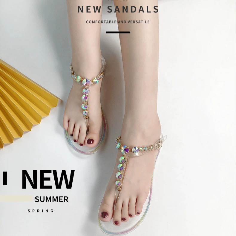 Transparent PVC Beach Sandals with Rhinestone Chain, Women’s Summer Flip-Flops, Sizes 36–42