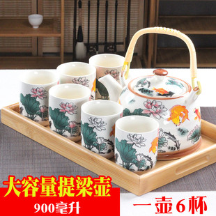 Large Teapot Tea Set Set for Home Hotel Restaurant Ceramic Retro Blue and White Teapot Tea Cup Complete Set with Tray