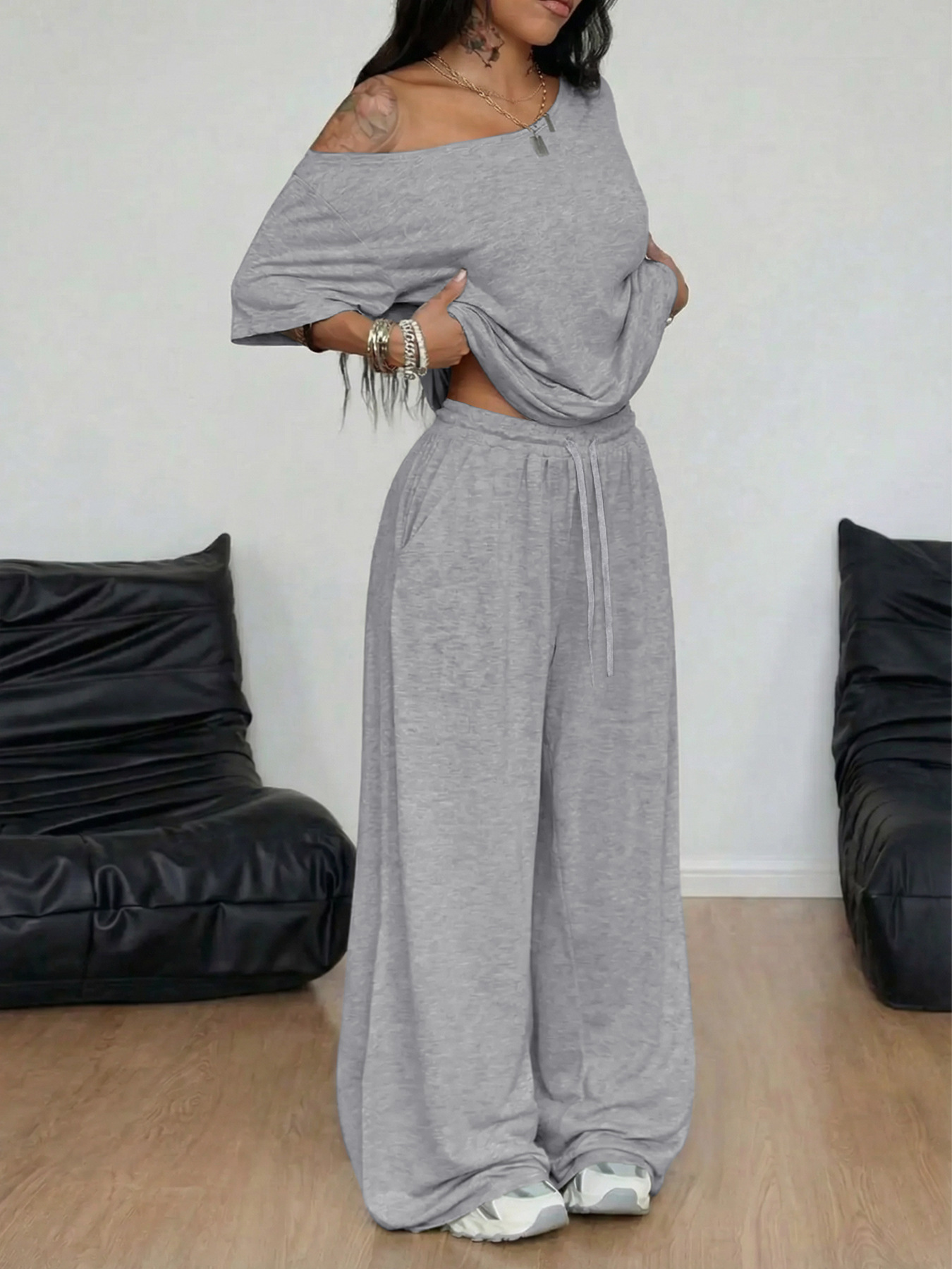 Women's Pant Sets Solid Color Casual Loose Wide Leg Two Piece Suit_voghion.com