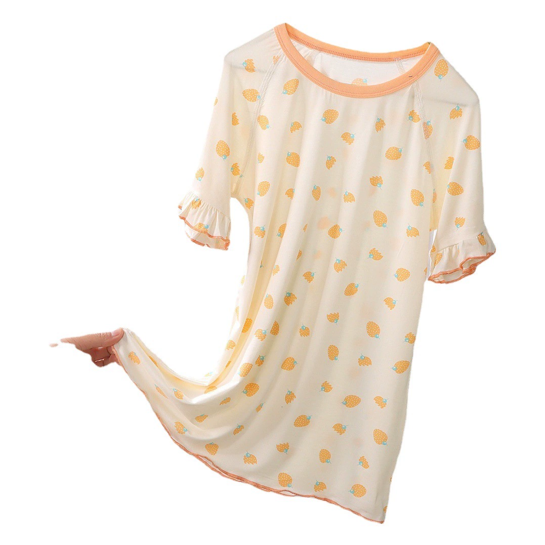 Детская ночная рубашка 2024, летняя семейная экологически чистая шелковая домашняя одежда для сна с кружевом, с короткими рукавами, для использования в помещении с кондиционером, с кружевным дизайном.