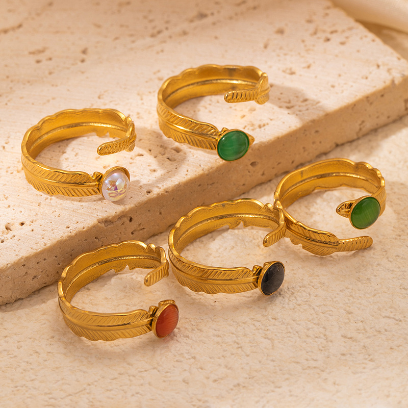 7g Weight 0.03µm Gold Plating Thickness Electroplated Gold Plating Process Golden Plated Plating Material Cat's Eye Stone Inlay Material Rings Classification 1 Piece Quantity Daily Occasion 201 Stainless Steel Material Tree Pattern Women's Gender IG Style Style Inlay Craft Wholesale Jewelry IG Style Feather Titanium Steel Natural Stone Gem Inlay Open Rings 5