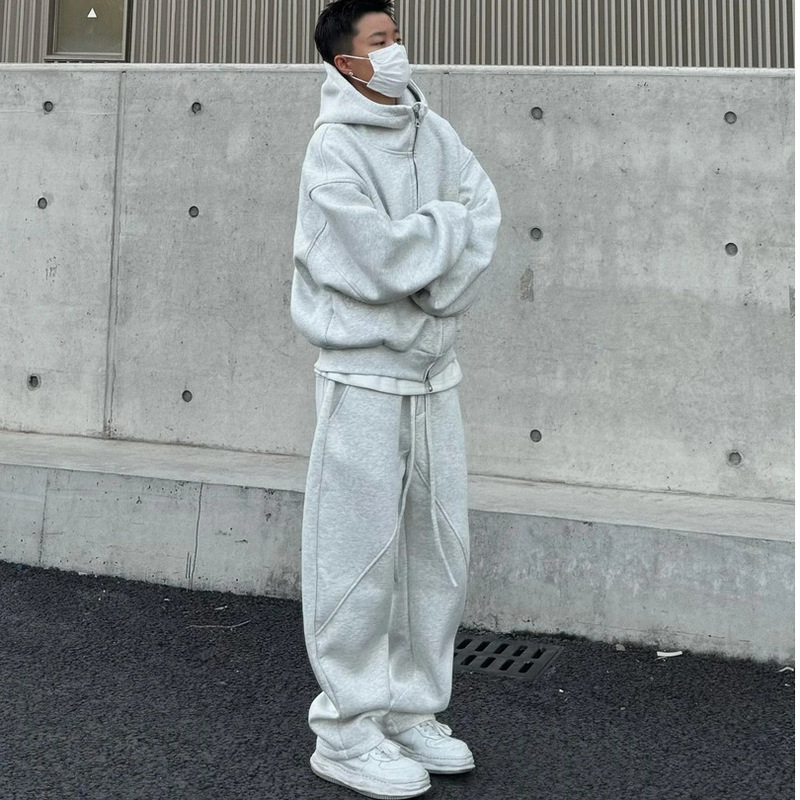 简约美式重磅连帽卫衣开衫男潮流阔版系带休闲裤宽松两件休闲套装|undefined