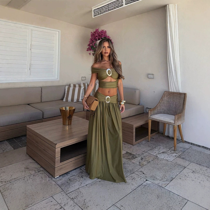 Cross-Border Hot Girl Style One-Shoulder Metal Buckle Dress with Exposed Waist Short Top + Low-Waist Flared Long Skirt Set Cross-Border Hot Girl Style One-Shoulder Metal Buckle Dress with Exposed Waist Short Top + Low-Waist Flared Long Skirt Set