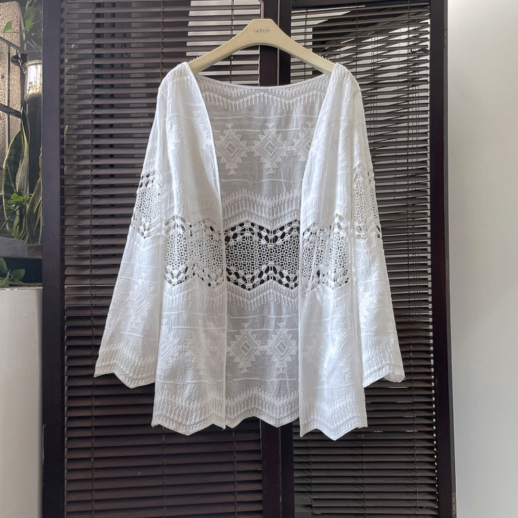 Long skirt outer wear mid-length hollow sun protection top loose thin shawl Fairy Spring and Summer lace cardigan with skirt