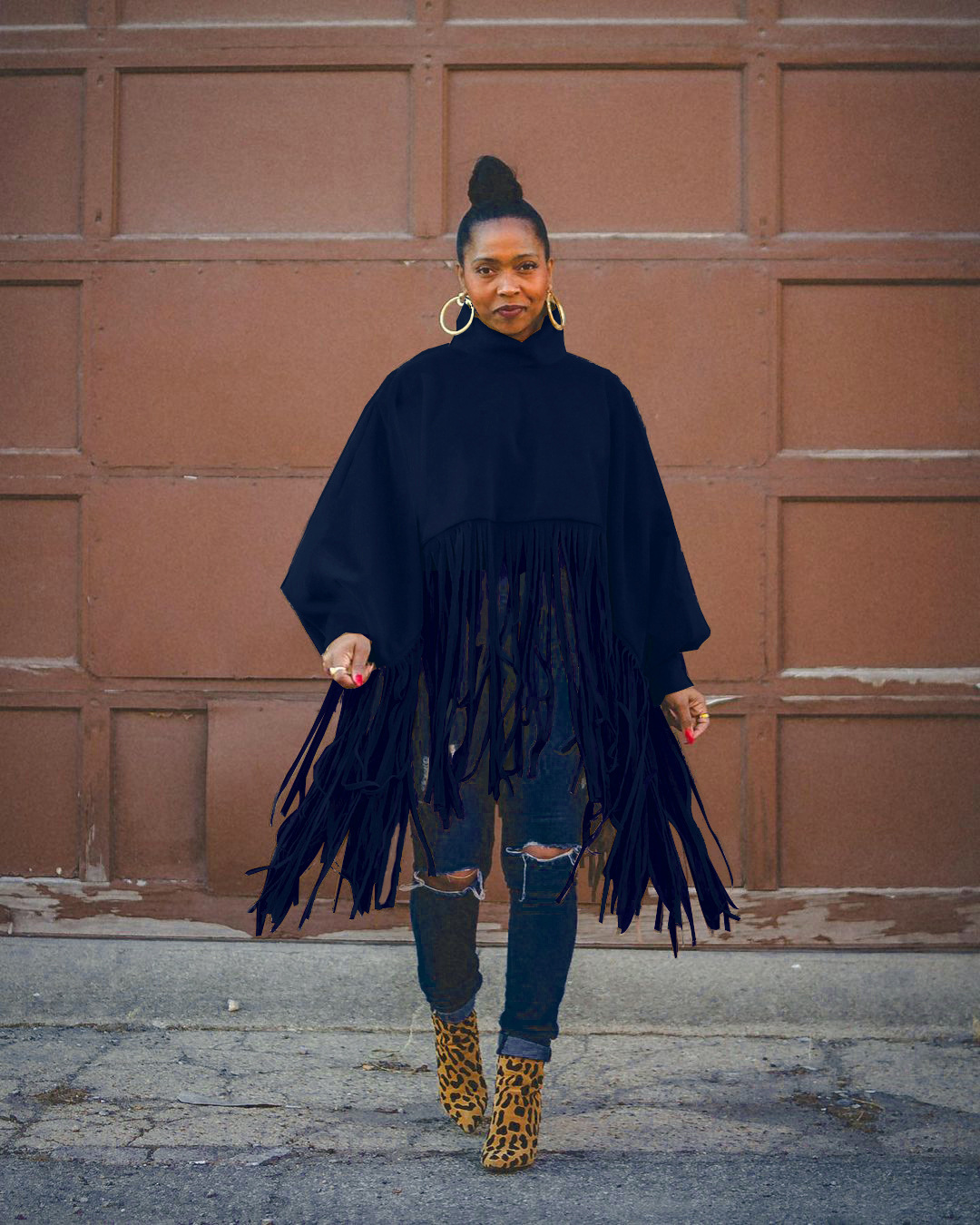 Women's fashion solid color long sleeve fringe top_voghion.com