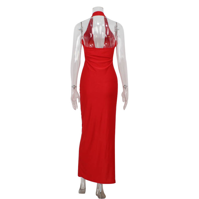 Women Clothing Sleeveless Halter Deep V Plunge Sexy High Slit Backless Sexy Dress Red Carpet Dress