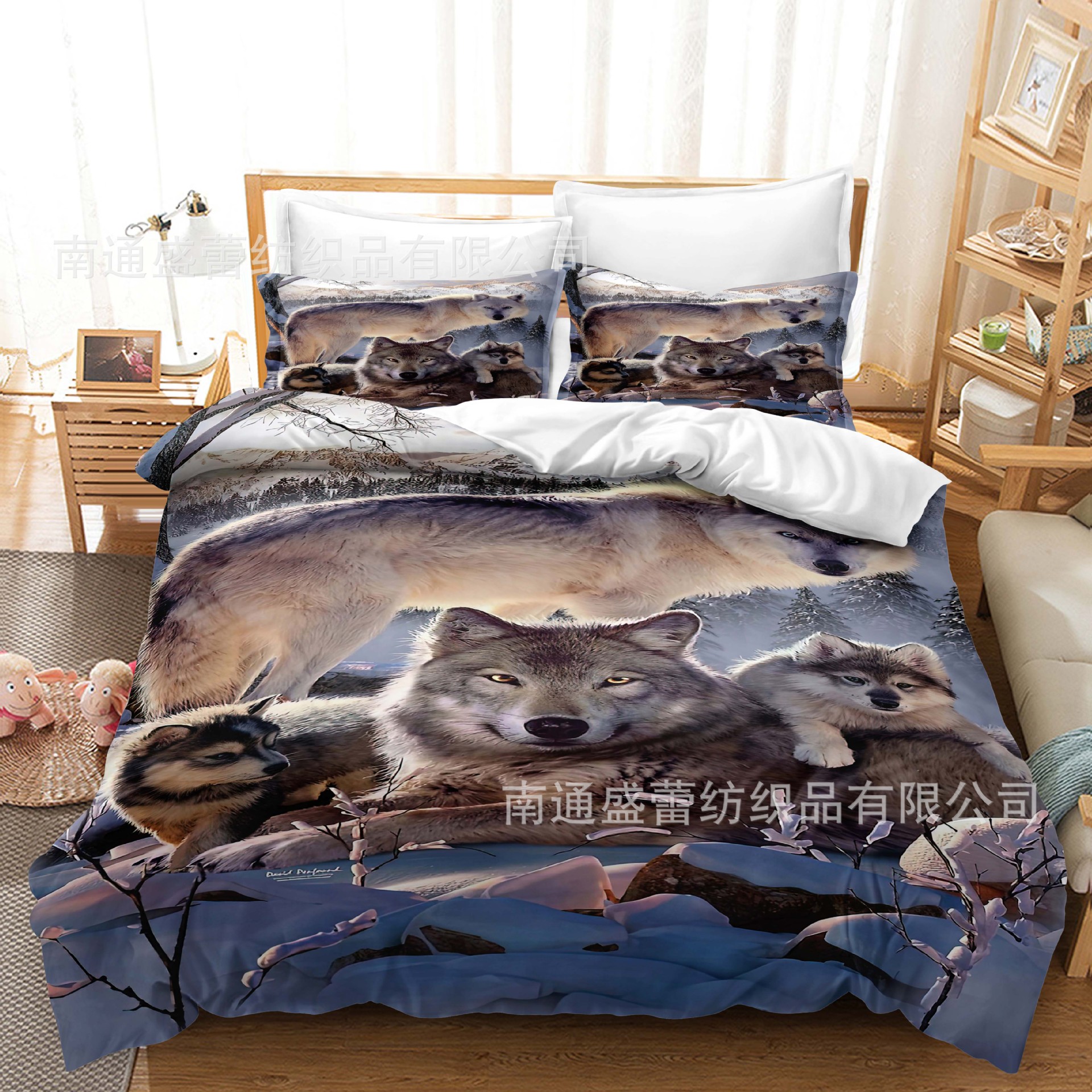 Serie de lobo 3D Impresión digital transfronteriza cubierta de edredón de comercio exterior conjunto de tres piezas conjunto de ropa de cama de cuatro piezas ventas directas de la fábrica