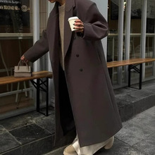 2024秋冬跨境速卖通爆款韩版西装领长款毛呢大衣外套双排扣保暖