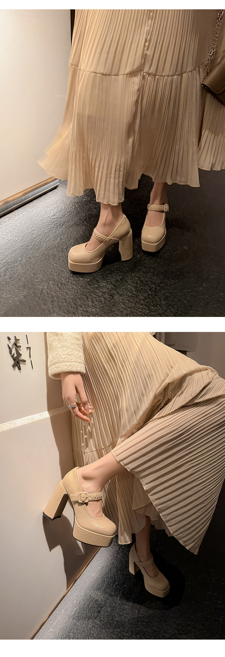 Giày cao gót Mary Jane nữ đế xuồng platform gót 12 cm, quai ngang khóa, mũi nhọn — màu đen, màu mơ chi tiết 16