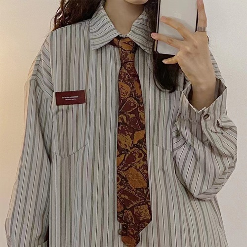 Coffee Striped Retro Color Block Handmade Vintage Casual Versatile Brown Photography Uniform Student