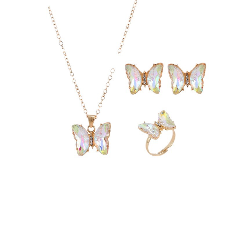 Ventas transfronterizas calientes coloridas 3 piezas de aretes collar anillo de moda europea y americana mariposa elegante collar de diamantes para mujeres