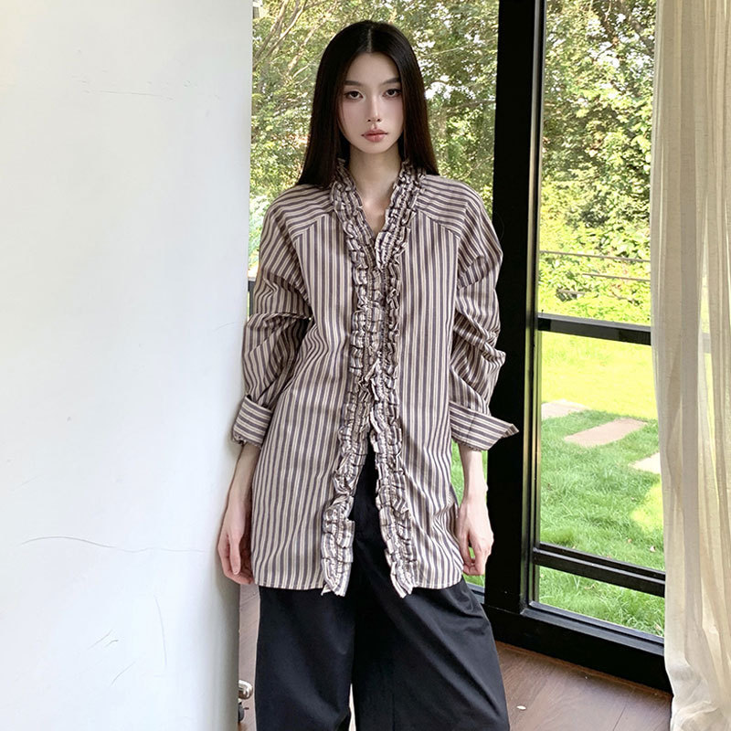 Women's Shirt with Unique Design, Three-Dimensional Floral Pleats, Long Sleeves, Lace V-Neck, Vertical Stripes, Casual Top, Jacket for Autumn
