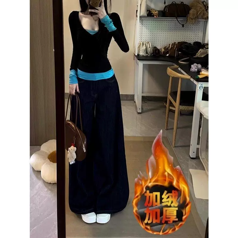 美式辣妹纯欲风高腰深蓝色宽松阔腿牛仔裤女秋冬季新款爆款长裤子