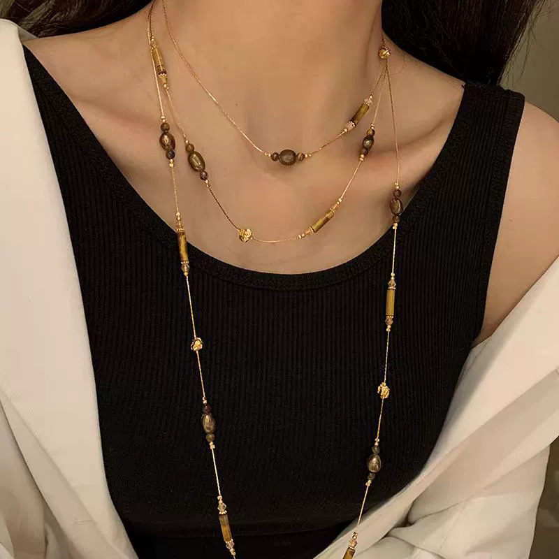 虎眼石天然巴洛克珍珠项链女新款小众设计长款叠戴颈链夸张毛衣链