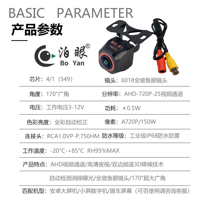 Cross-Border Ahd 170-Degree Low-Light Night Vision Fisheye Wide-Angle High-Definition Night Vision Reversing Camera for Android Large Screens