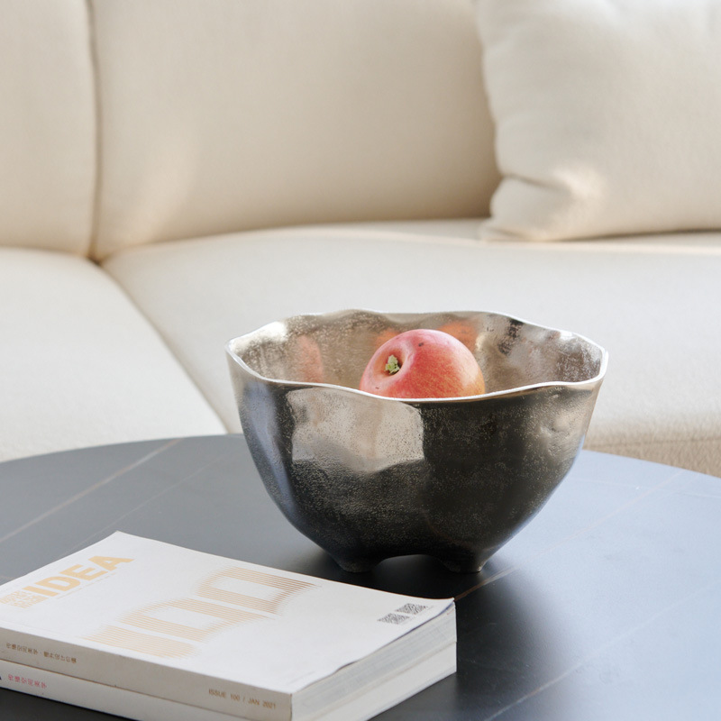 Indian Light Luxury Simple Aluminum Silver Storage Bowl Fruit Plate Tray Decorative Ornaments Model Room Desktop Flower Pot