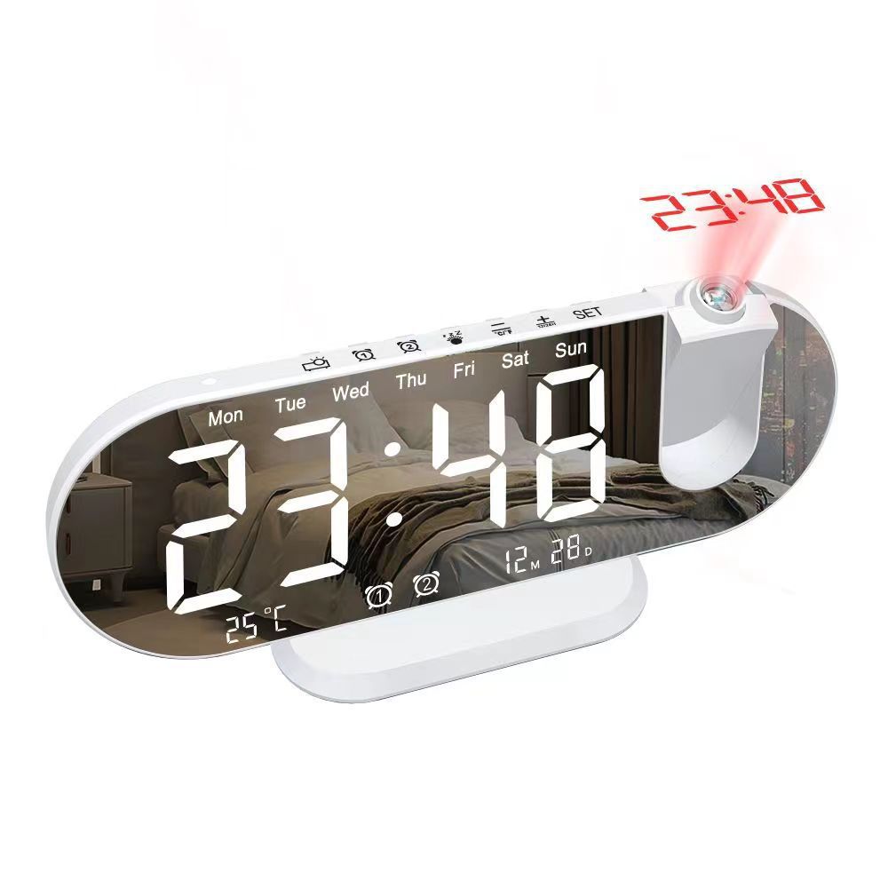Nueva creativa espejo de pantalla grande reloj despertador digital moderno de temperatura y humedad radio FM luminosa casa reloj de proyección