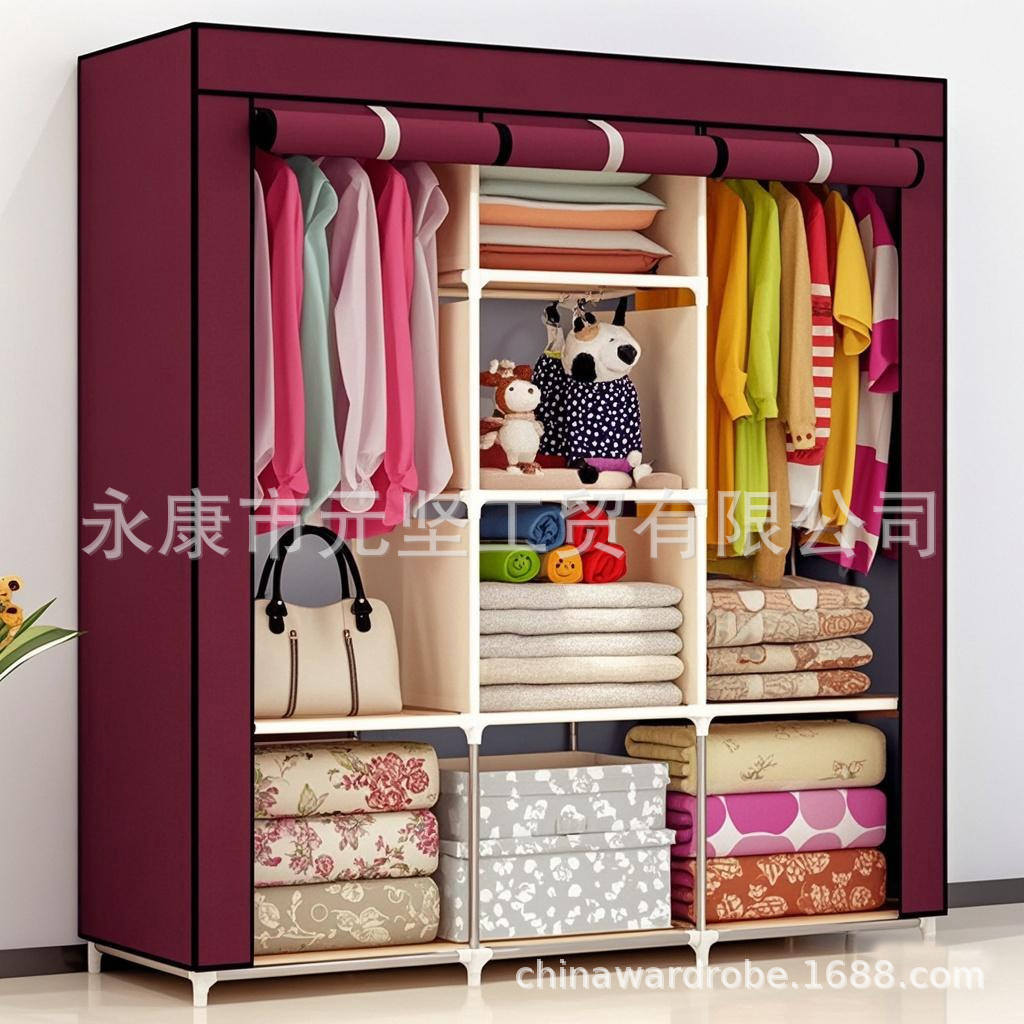 Armario de tela simple, armario de almacenamiento, armario a prueba de polvo, dormitorio, marco de acero, combinación de refuerzo, armario de estudiantes de alquiler al por mayor