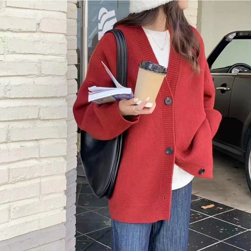 レッドセーターカーディガン女性のための 2025 秋と冬の新しいスタイルの柔らかくワックスのようなシンプルな怠惰なスタイルのハイエンド V ネックニットジャケット|undefined