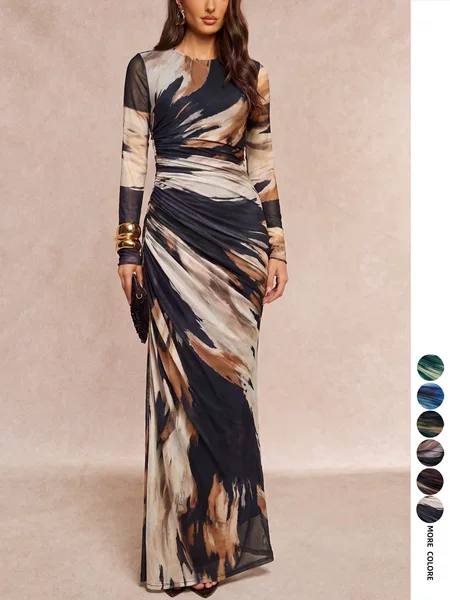 Cross-Border New European and American Style Mesh Elegant Long-Sleeved Dress, Banquet Long Dress, Date Sexy Semi-Transparent Dress