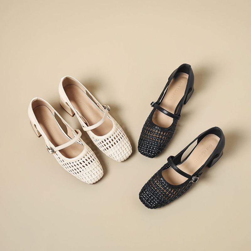Sandal nữ quai ngang cổ điển gót vuông thoáng khí — BL735 Màu be