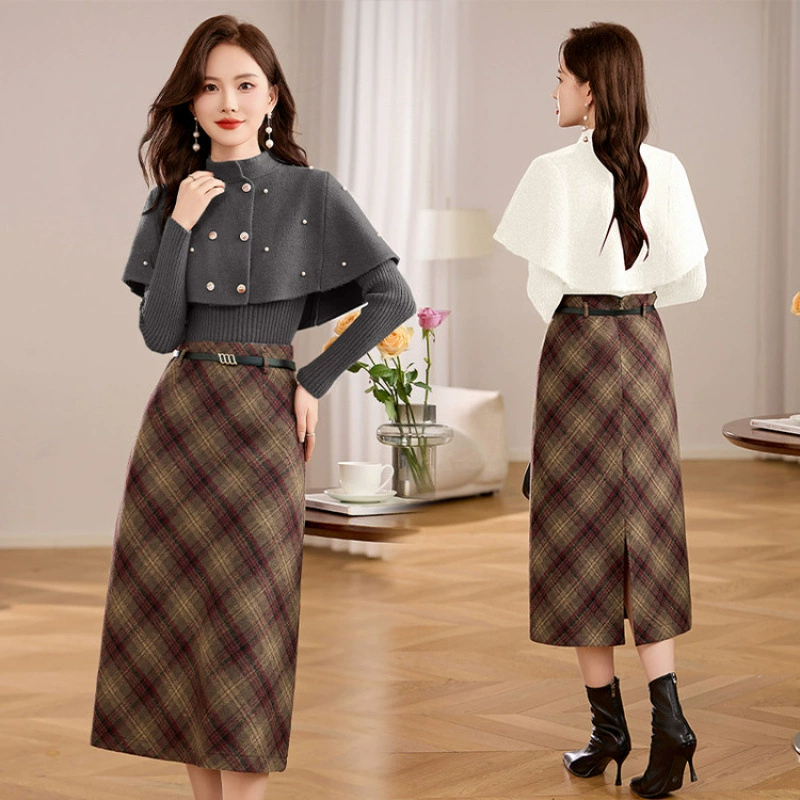 Модный повседневный костюм 2025 ранняя весна новый шаль + трикотаж + клетчатая юбка комплект из трех предметов