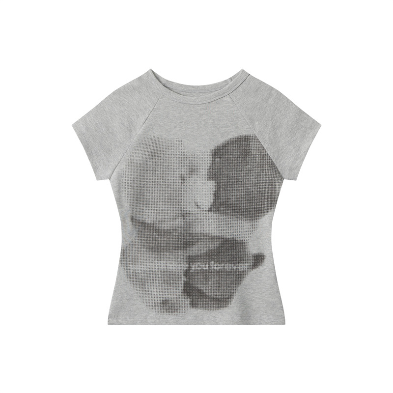 つるヘンリーアメリカン肩袖熊プリント半袖tシャツ女性2025新作丸首ギャル上着