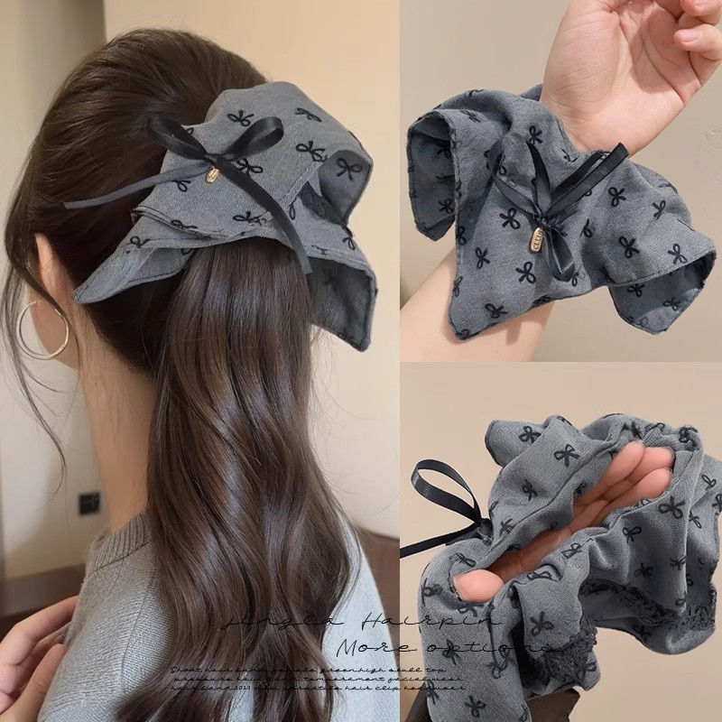 Grey arco de encaje anillo de cabello de intestino grande toalla cuadrada adornamiento de cabello otoño invierno sensación de alta calidad tocado de cola de caballo