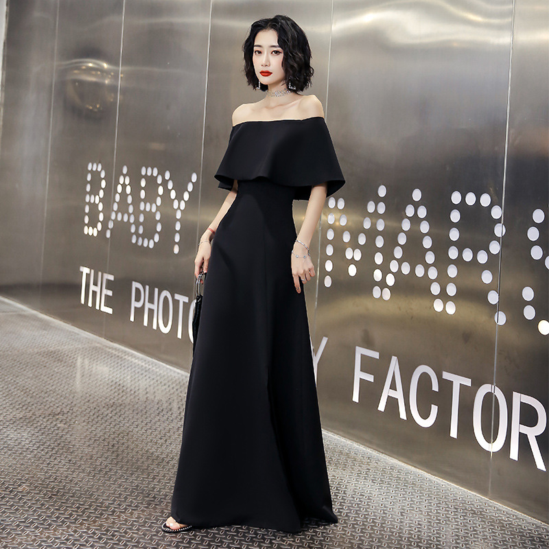 Black Evening Dress Dress Banquet Elegant off-shoulder Slimming Long Dress Annual Meeting High-end Light Luxury Niche dress Annual Meeting