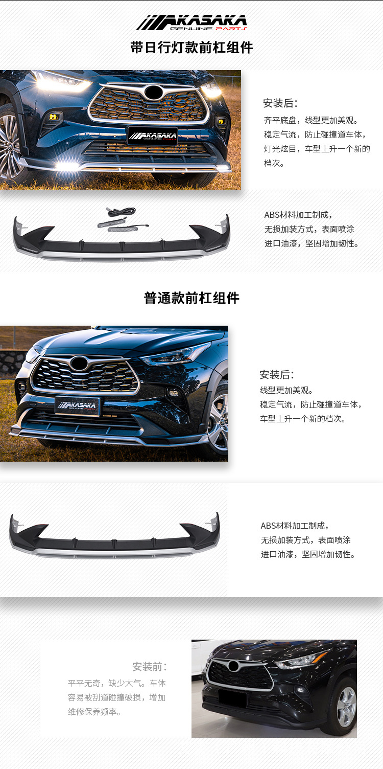 AKASAKA Suitable for 22 Highlander front bumper rear bumper modified front lip side skirt large surround front and rear bumpers