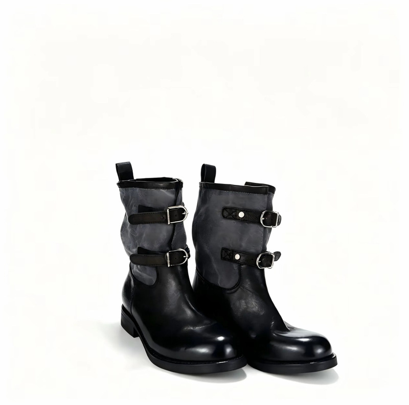 The same style as on Douyin: black horsehide work boots with washed leather soles, fashionable short boots with buckle straps, versatile fashion boots