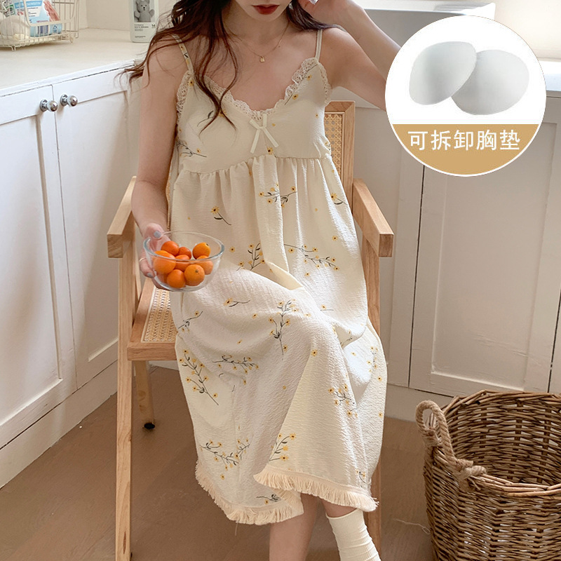 Pijama de verano de mujer dulce colgante cojín de pecho de algodón tejido sexy burbuja tela arrugada bordilla pijama de mujer lindo vestido