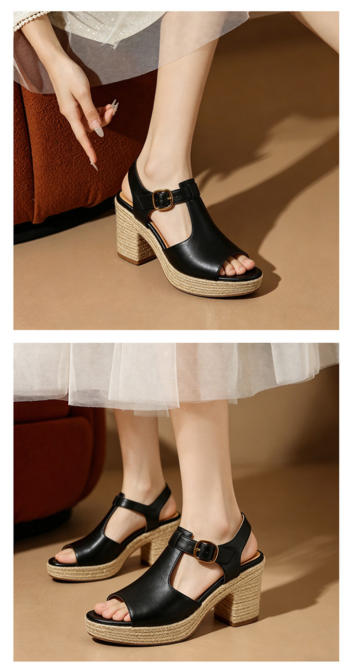Sandal cao gót nữ hở mũi đế dày 8.5 cm quai chữ T phối đế cói vintage — đen chi tiết 7