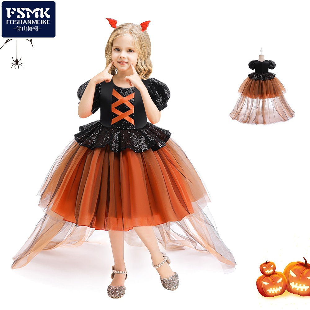 Disfraz de Halloween para niñas traje de rol traje de cosplay trailing pequeña bruja fiesta traje de rendimiento