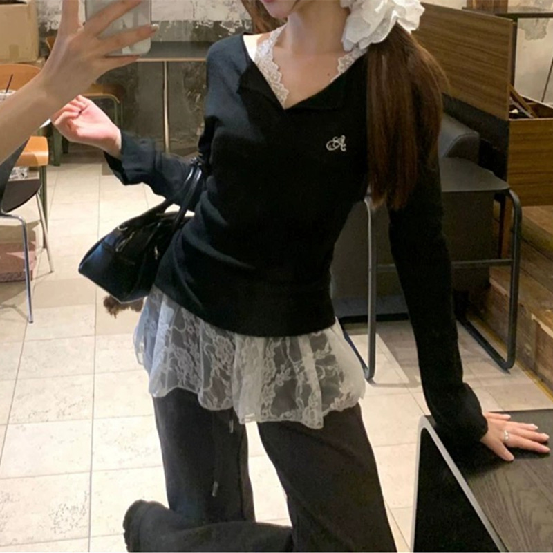 纯欲风套装女重工刺绣针织衫早秋新款性感蕾丝挂脖背心两件套ins