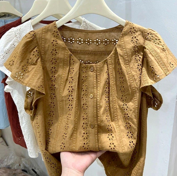 French Embroidered Lace Fly-sleeved Shirt Women's 2024 Summer Design Sense Korean Style Age-reducing Foreign Style Doll Shirt Top