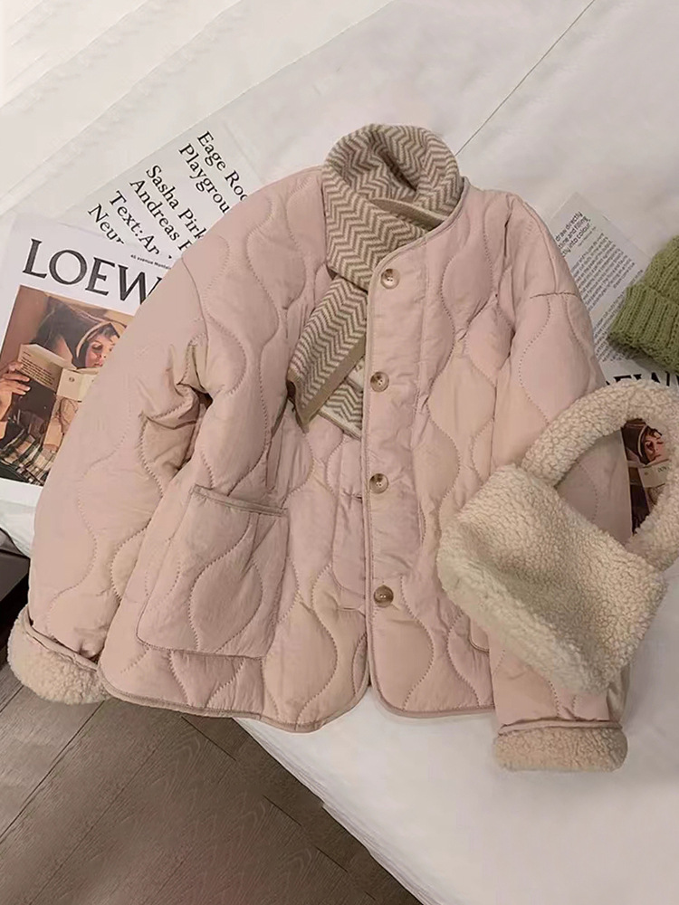 粉色菱格羊羔毛棉衣棉服女秋冬季2025年新款加厚保暖夹棉加绒外套