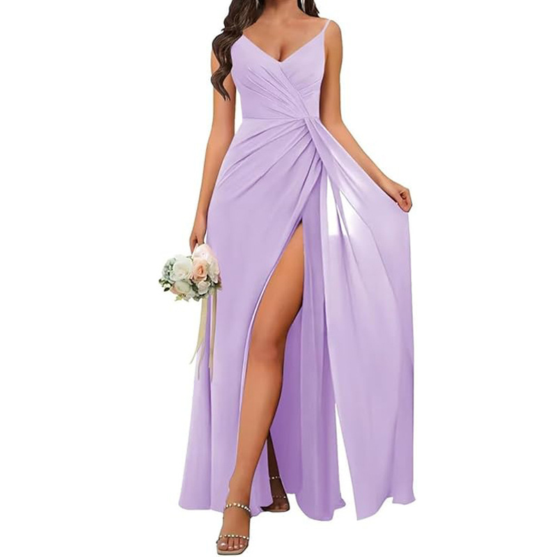 European and American Cross-Border Women's Simple Chiffon Bridesmaid Dress with Wrap Skirt Long Formal Prom Evening Dress with Slit