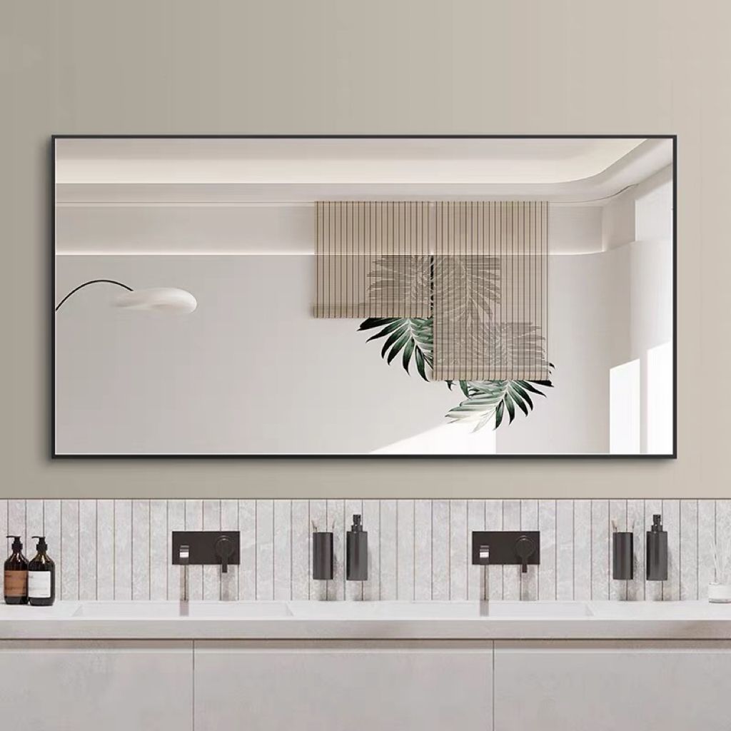 Trendy Minimalist Bathroom Mirror Hotel Black Aluminum Alloy Wall-Mounted Horizontal Bathroom Mirror with Nails