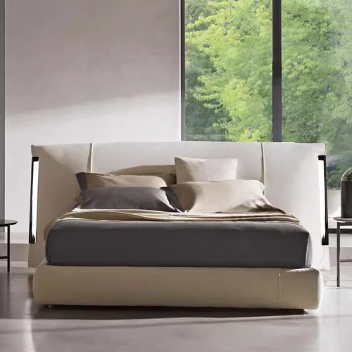 Italian-style modern top-grain leather master bedroom bed – spacious, wide-screen, frosted-leather, full-leather double bed for luxury and elegance in villas and large homes