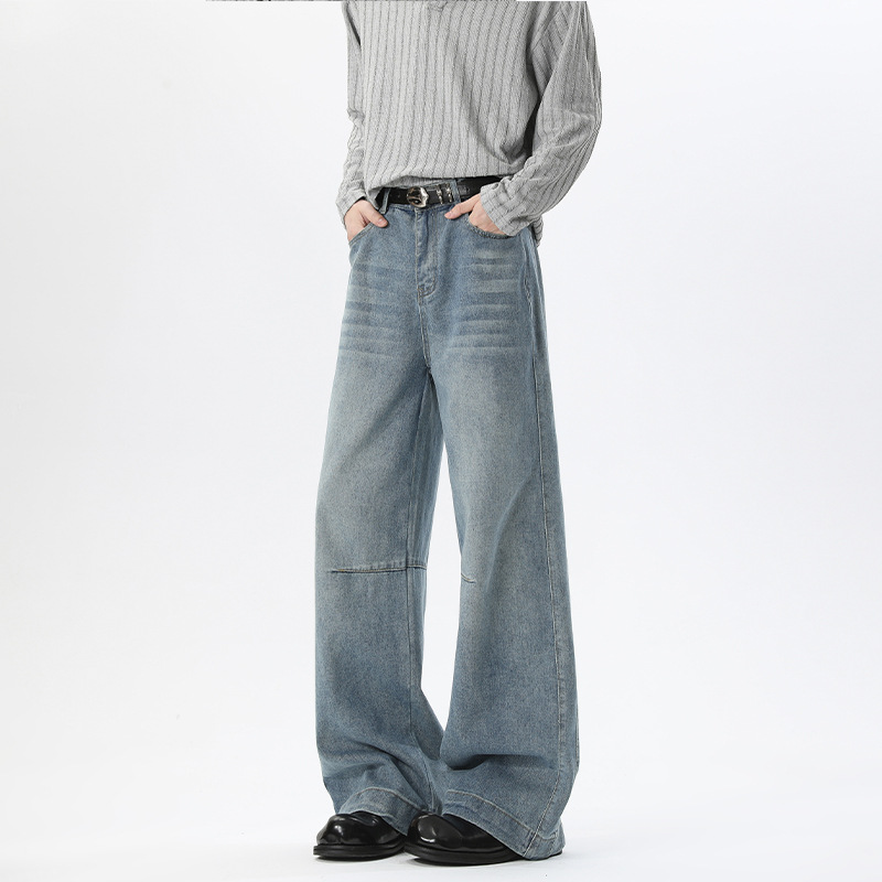 Amerikanischer Deconstructed Cleanfit Curved-Cut Jeans für Herren, Herbst- und Wintertrend, Marke Washed Straight-Leg_voghion.com