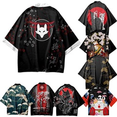 2023夏季開衫羽織七分袖襯衫創意元素3D印花和服披風招財貓道袍衫