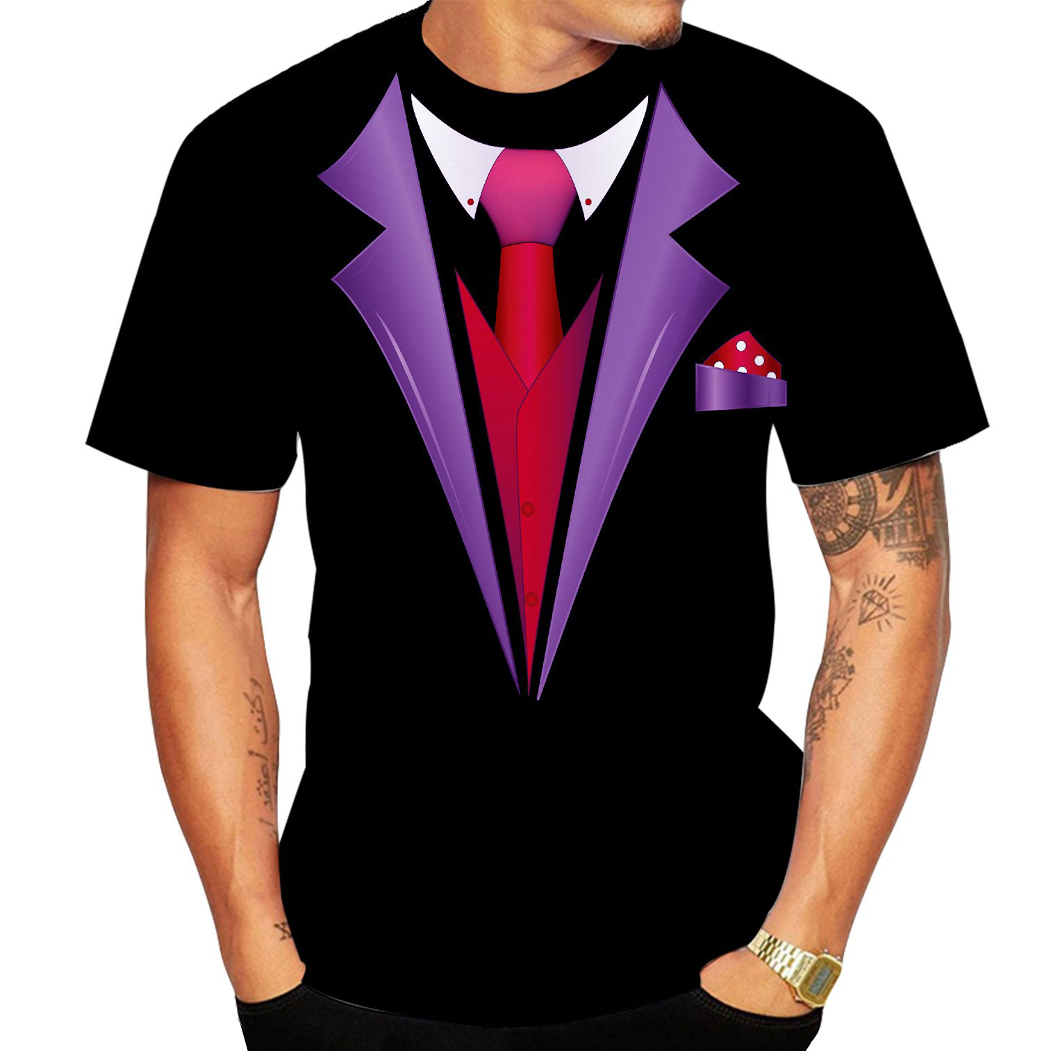 Camiseta suelta para hombre de verano europeo y americano traje de moda falso de dos piezas cuello redondo de manga corta proceso de impresión digital 3D