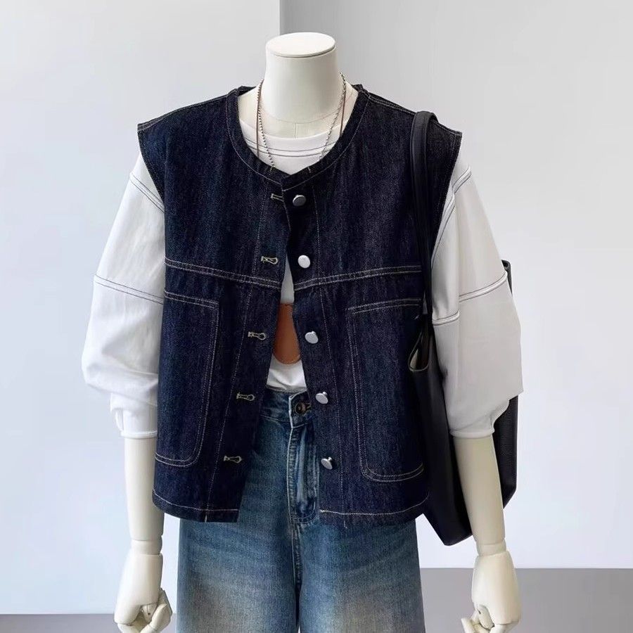 Hong Kong Style Retro Layered Outerwear Slimming Denim Vest for Women Spring and Summer New High-End Fashion Sleeveless Waistoutwear Jacket