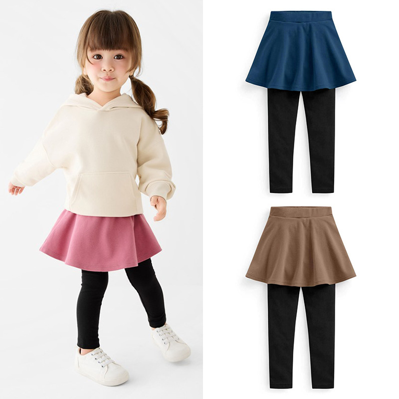 Spring and autumn style girls' skirt pants, cotton leggings, baby girls' pure cotton elastic pants, faux two-piece solid color