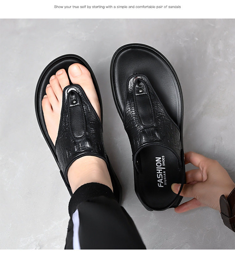 Dép xỏ ngón nam da bò thật chống trượt, kiểu hai quai dùng được đi biển và đi ngoài trời — màu đen chi tiết 12