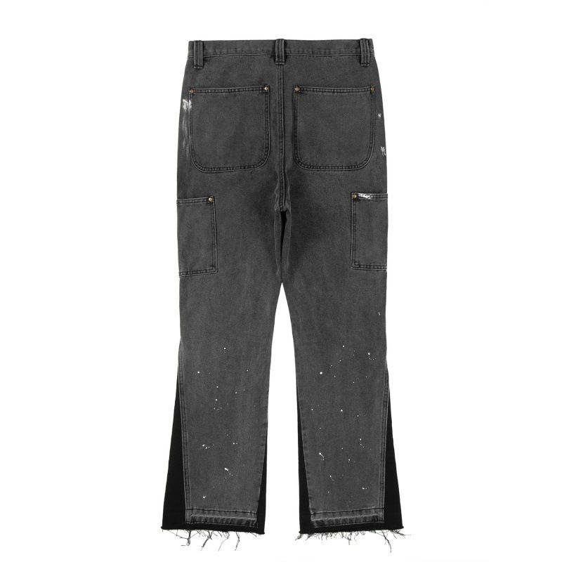 High street water ins same washed Vibe style loose splicing splashed ink zipper jeans logging work pants_voghion.com